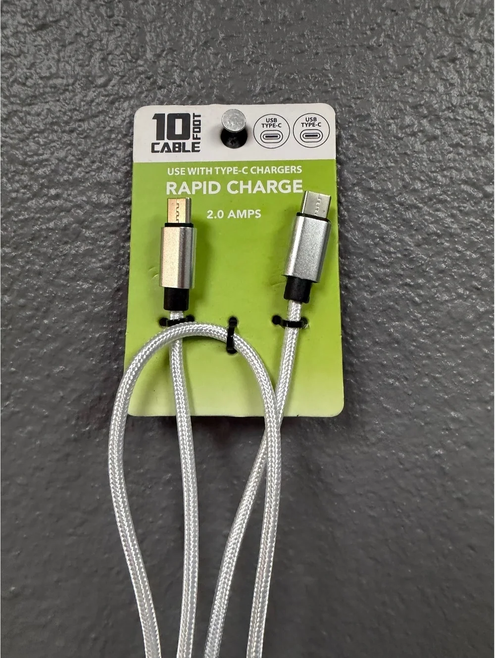10ft USB-C to USB-C 2A Fast Charging Cable Braided Long Phone Charge Cord Silver